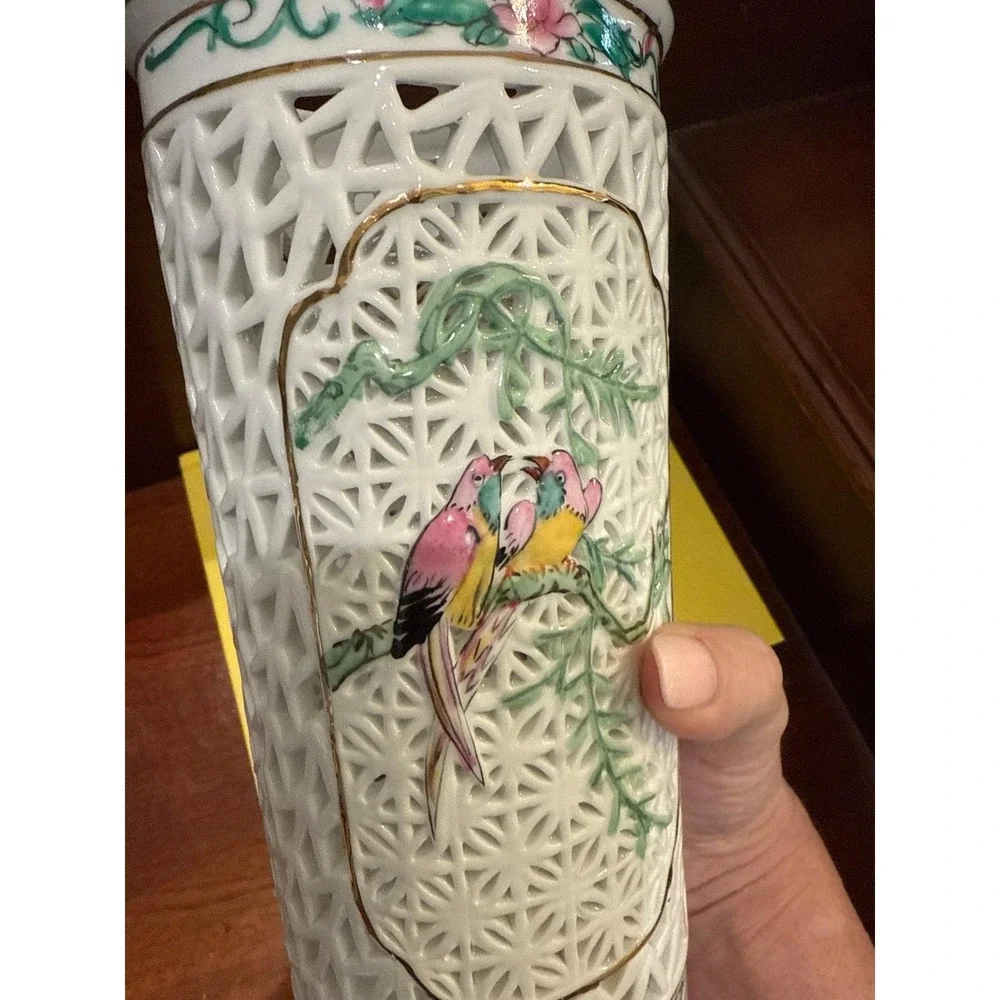 Reticulated Blanc de Chine Porcelain Lantern Lamp Base or Vase MCM‎ 8.75